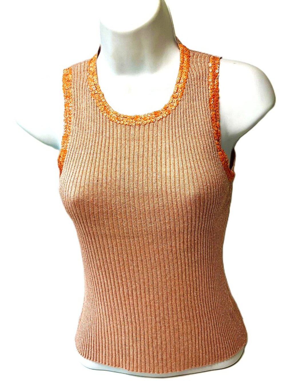 Metallic Silk Blend Ribbed Knit Tank Top Sequin Trim Size M China